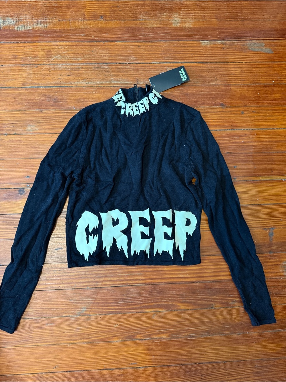 H&M Black Long-Sleeve Cowl Sweater with White "CREEP" Graphic